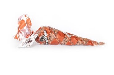 7 oz. of cinnamon glazed almonds inside a red and clear Totally Nutz poly bag