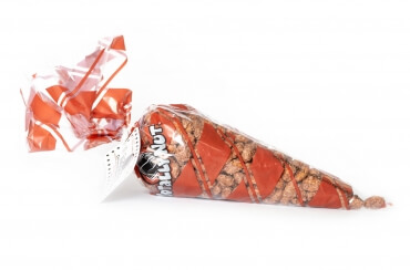 14 oz of cinnamon glazed almonds inside a red and clear Totally Nutz poly bag